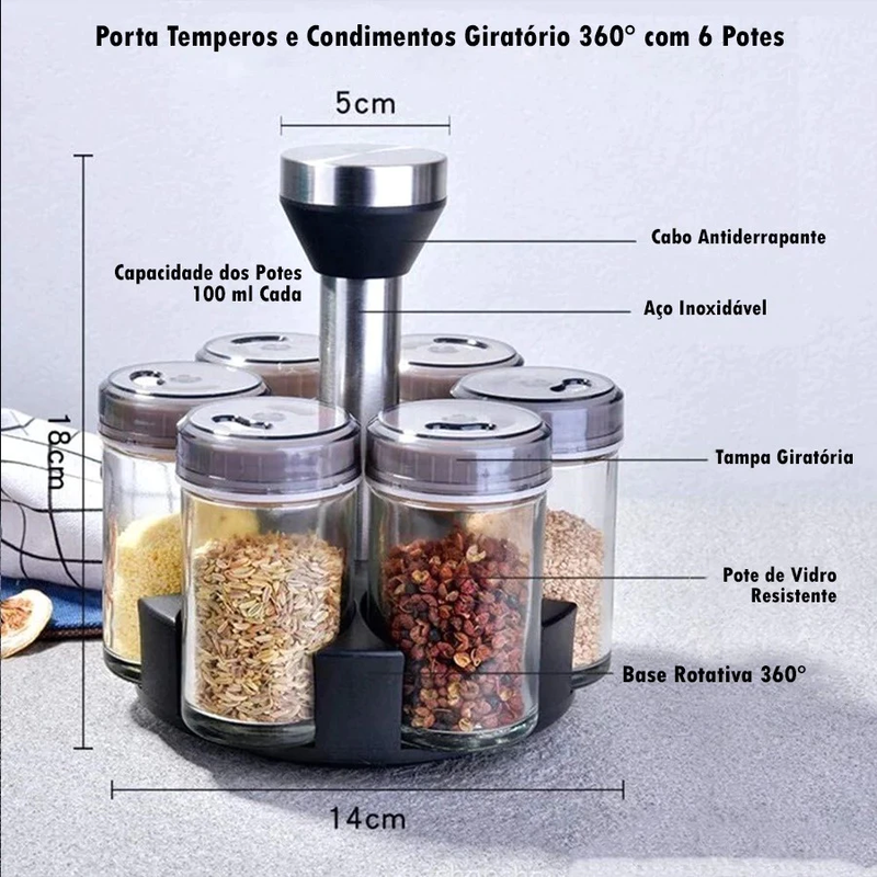 Porta Temperos Giratório   Suporte Sofisticado com 6 Potes de Vidro para uma Cozinha Organizada!