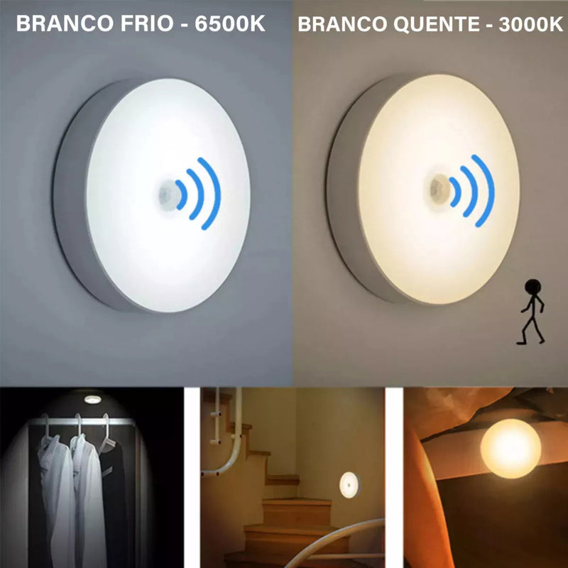 Luminária de Noite USB Recarregável com Sensor de Movimento, Lâmpada LED Duas cores Luz Quente Frio